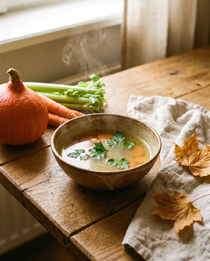 Schale mit klarer Gemüsebrühe, Kürbis und Herbstblättern