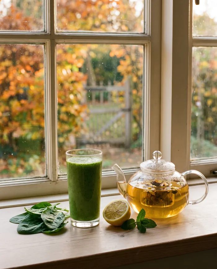 Grüner Smoothie und Kräutertee am Herbstfenster